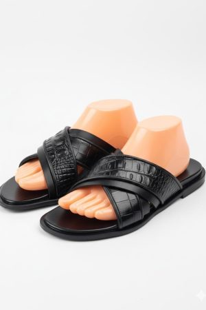 Croc-Textured Cross-Strap Slide