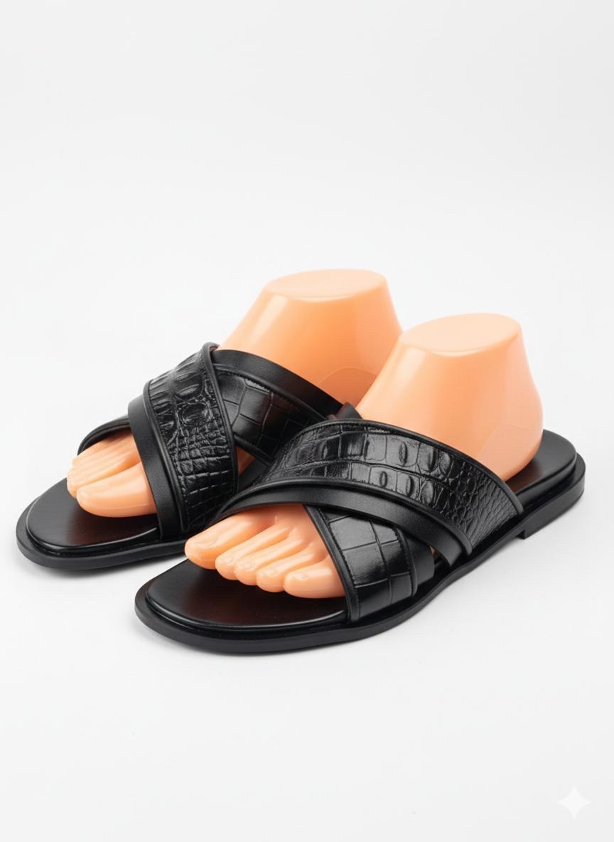 Croc-Textured Cross-Strap Slide