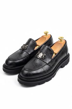 Noir Baroque Embossed Crest Loafers