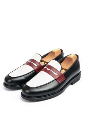 Tri-Tone Penny Loafer in Black, White, and Burgundy