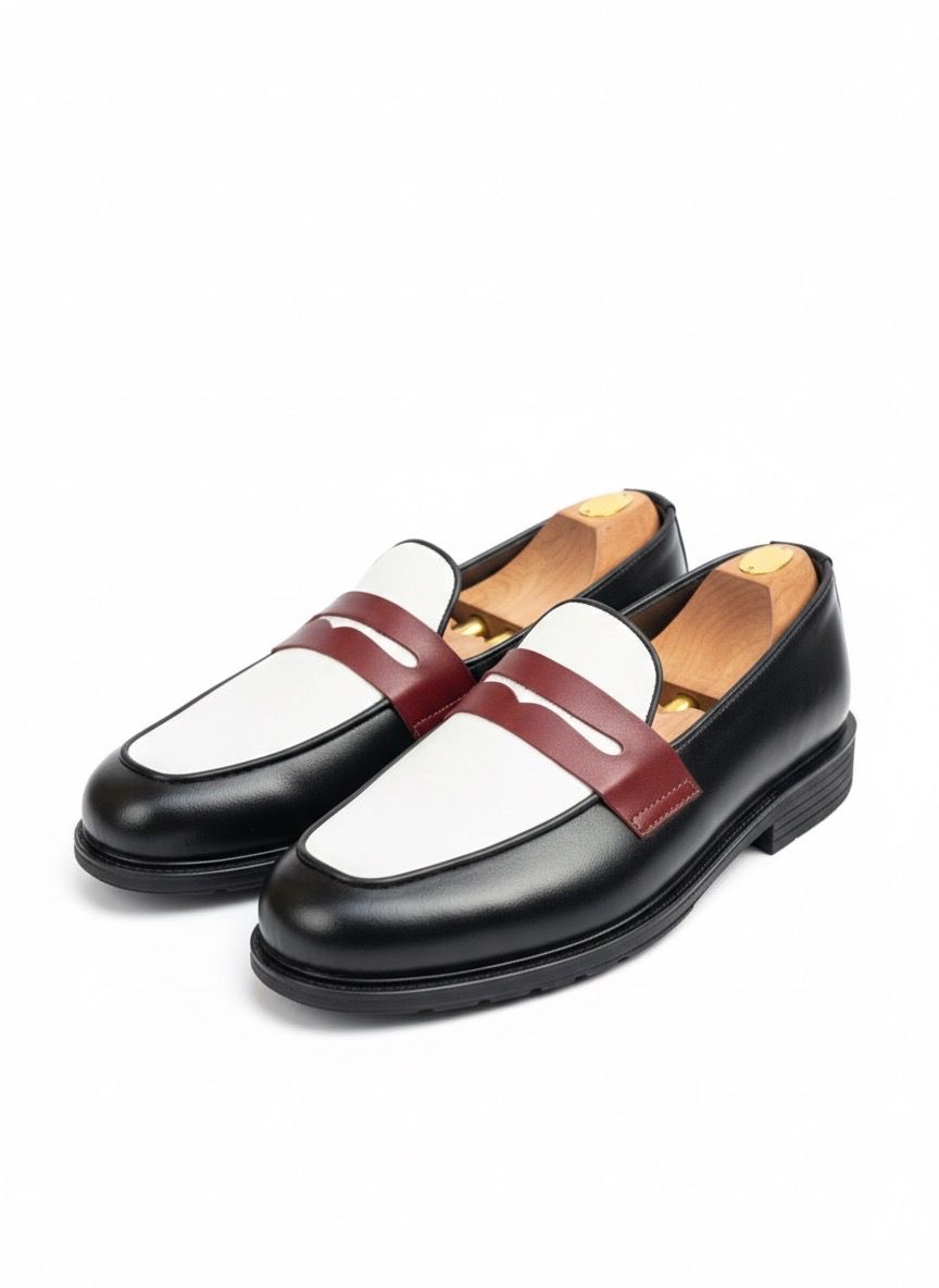 Tri-Tone Penny Loafer in Black, White, and Burgundy