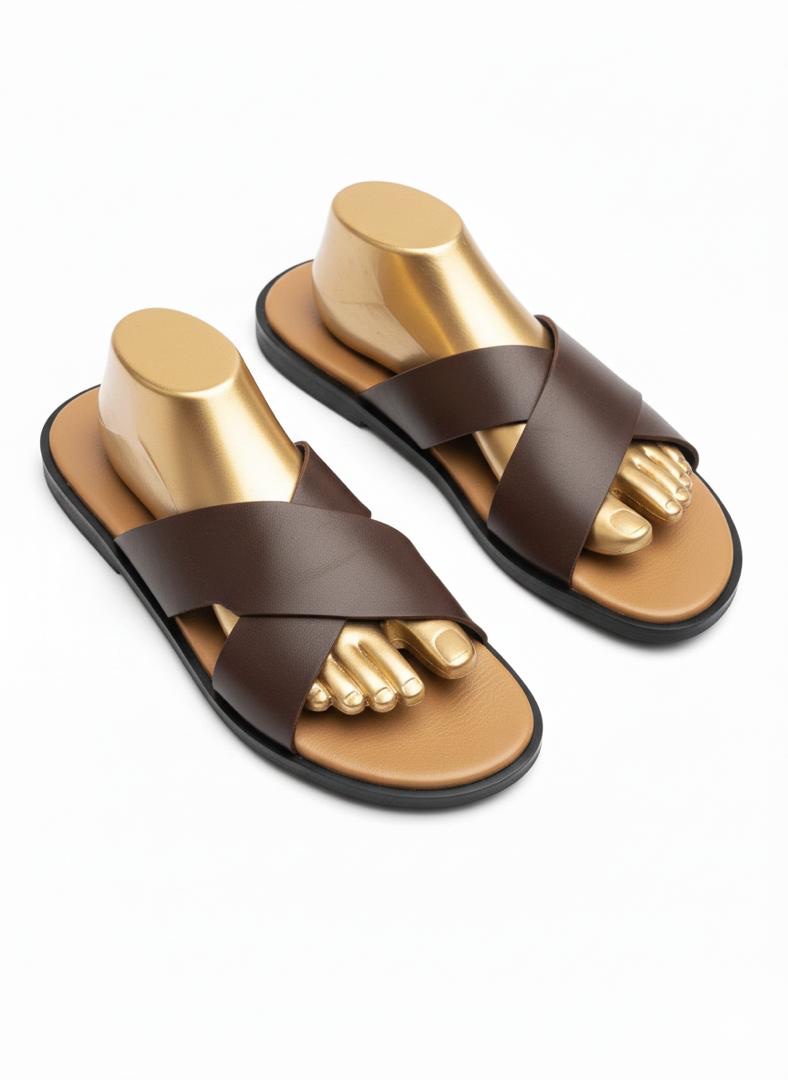 Cross-Strap Leather Slide