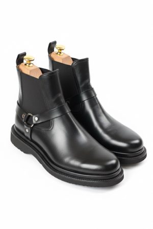 Black Leather Harness Chelsea Boots with Lug Sole