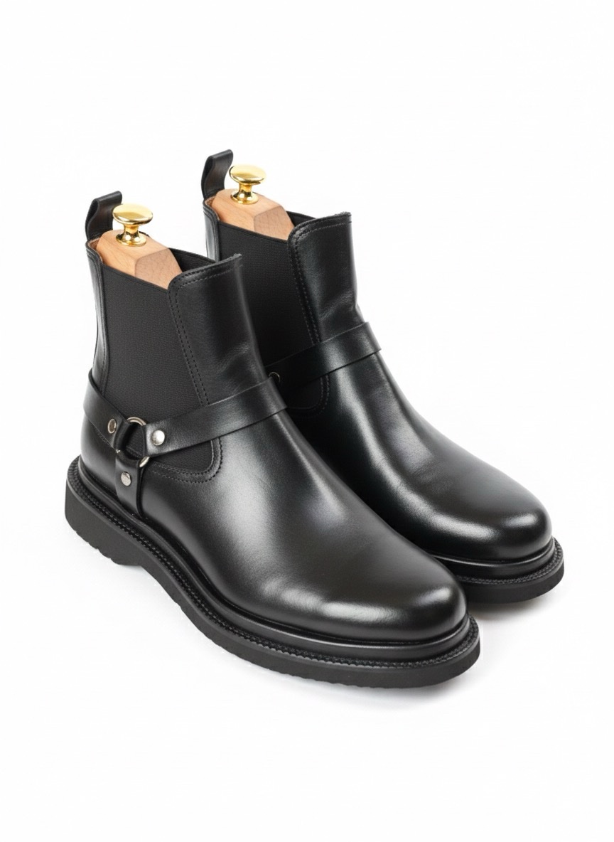Black Leather Harness Chelsea Boots with Lug Sole