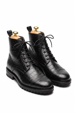 Handcrafted Croc-Embossed Commando Boots