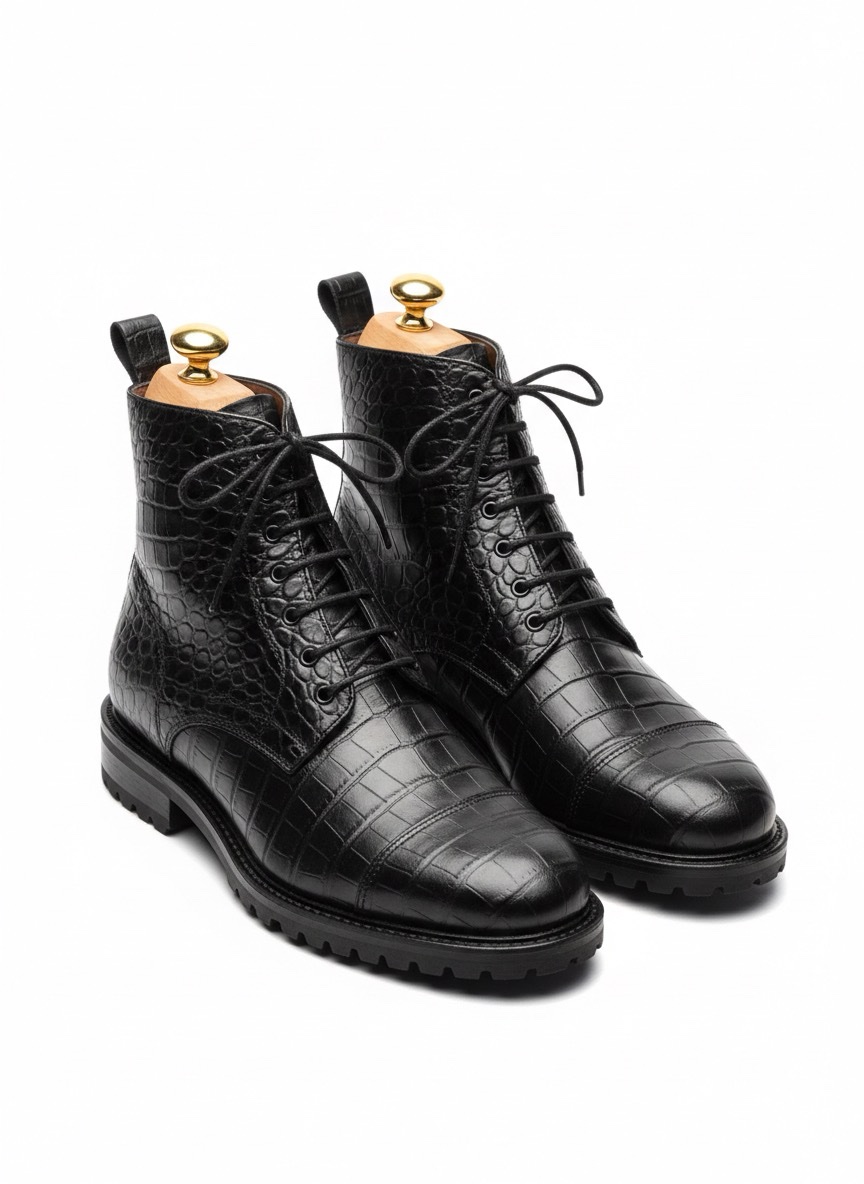 Handcrafted Croc-Embossed Commando Boots