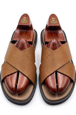 Textured Leather Cross-Strap Slides