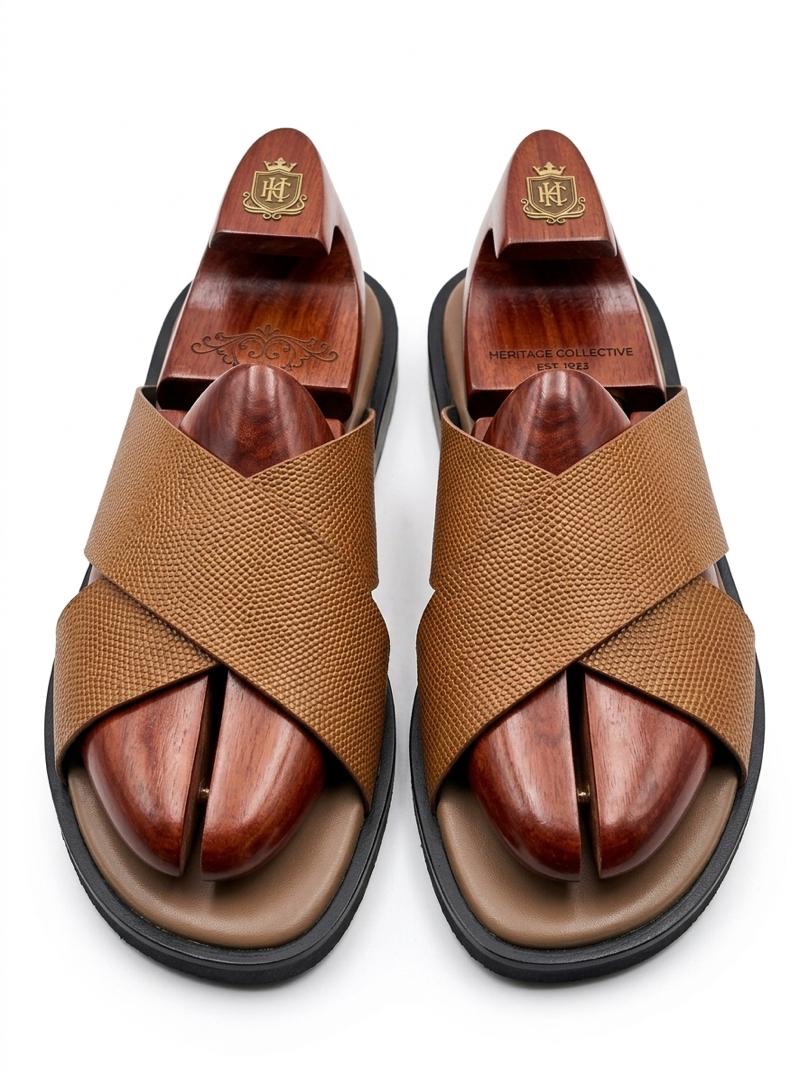 Textured Leather Cross-Strap Slides